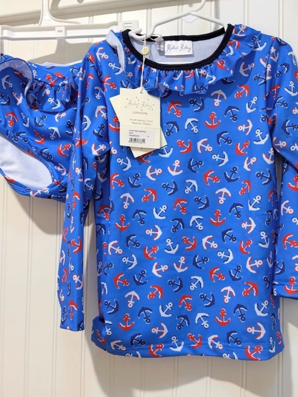 Rachel Riley Blue Anchor Print Rashguard with Red & White Accents